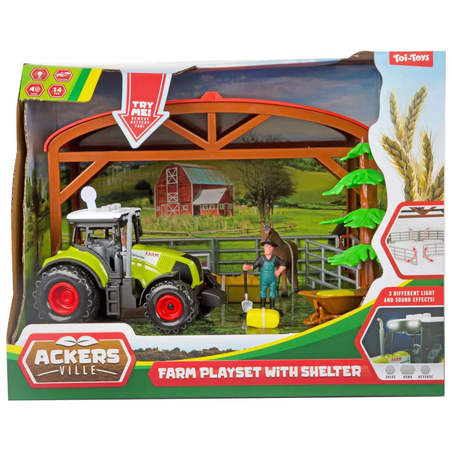 Ackers Ville Paardenstal met Tractor Licht en Geluid Speelset, 14dlg.-Toi-Toys New