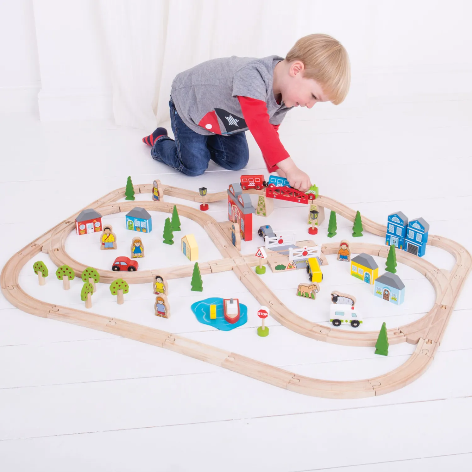 Bigjigs Houten Treinset Stad en Land, 101dlg. Outlet