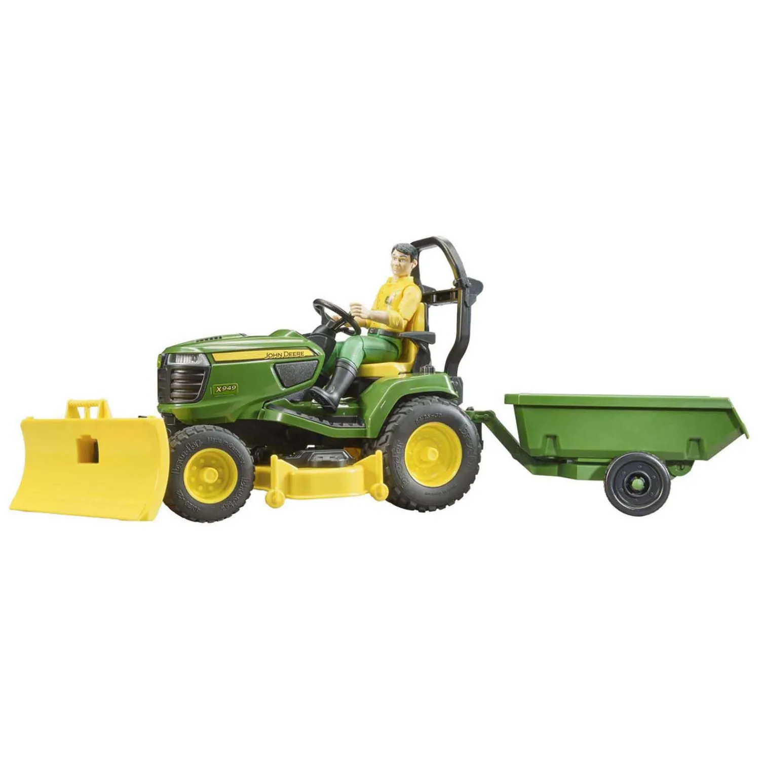 Bworld John Deere Zitmaaier met Aanhanger en Tuinman 1:16-Bruder Hot