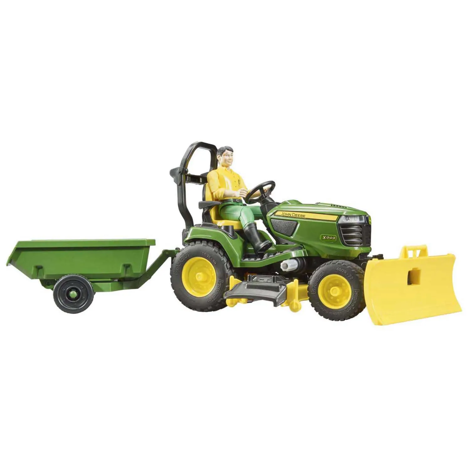 Bworld John Deere Zitmaaier met Aanhanger en Tuinman 1:16-Bruder Hot
