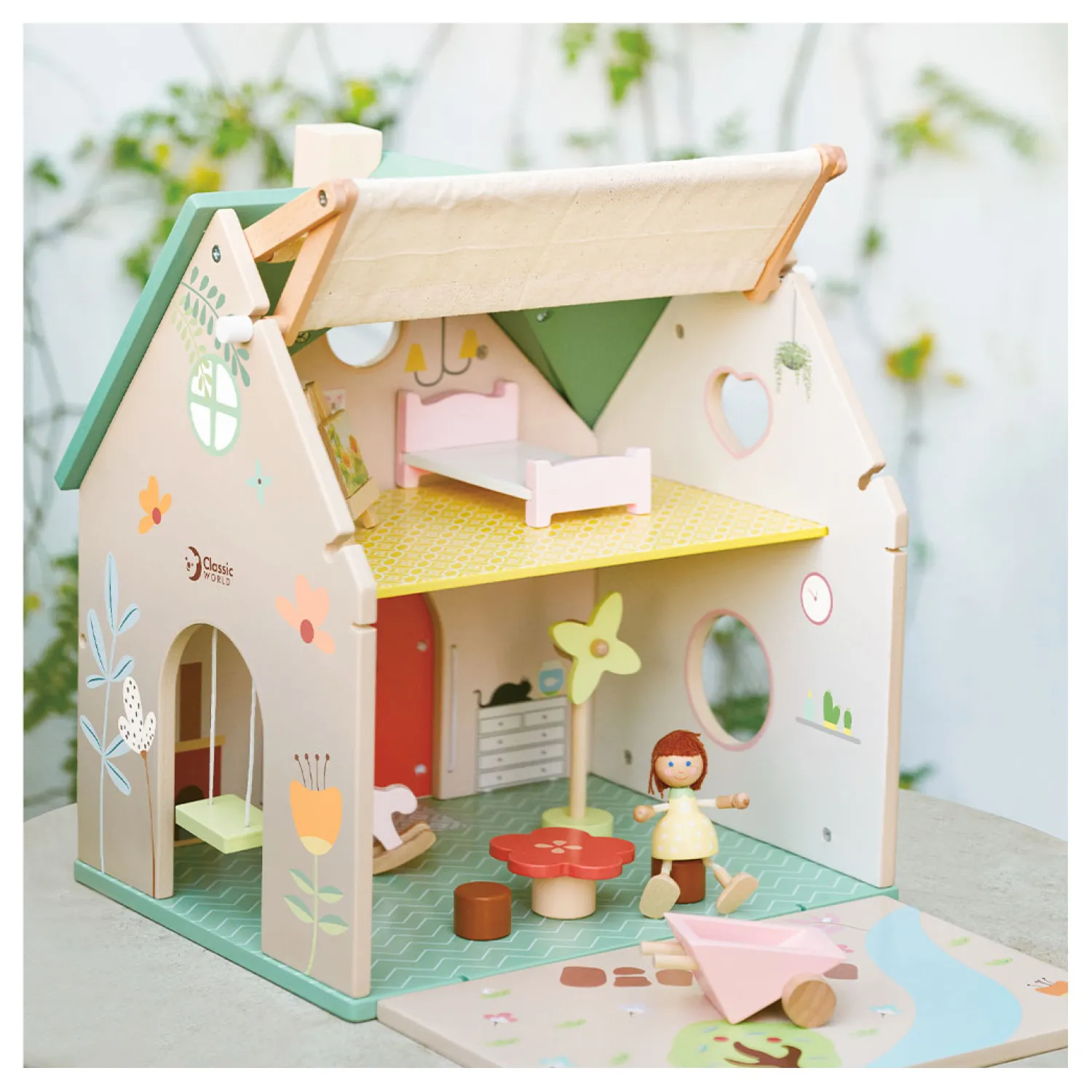 Classic World Houten Poppenhuisje met Tuintje, 10dlg.