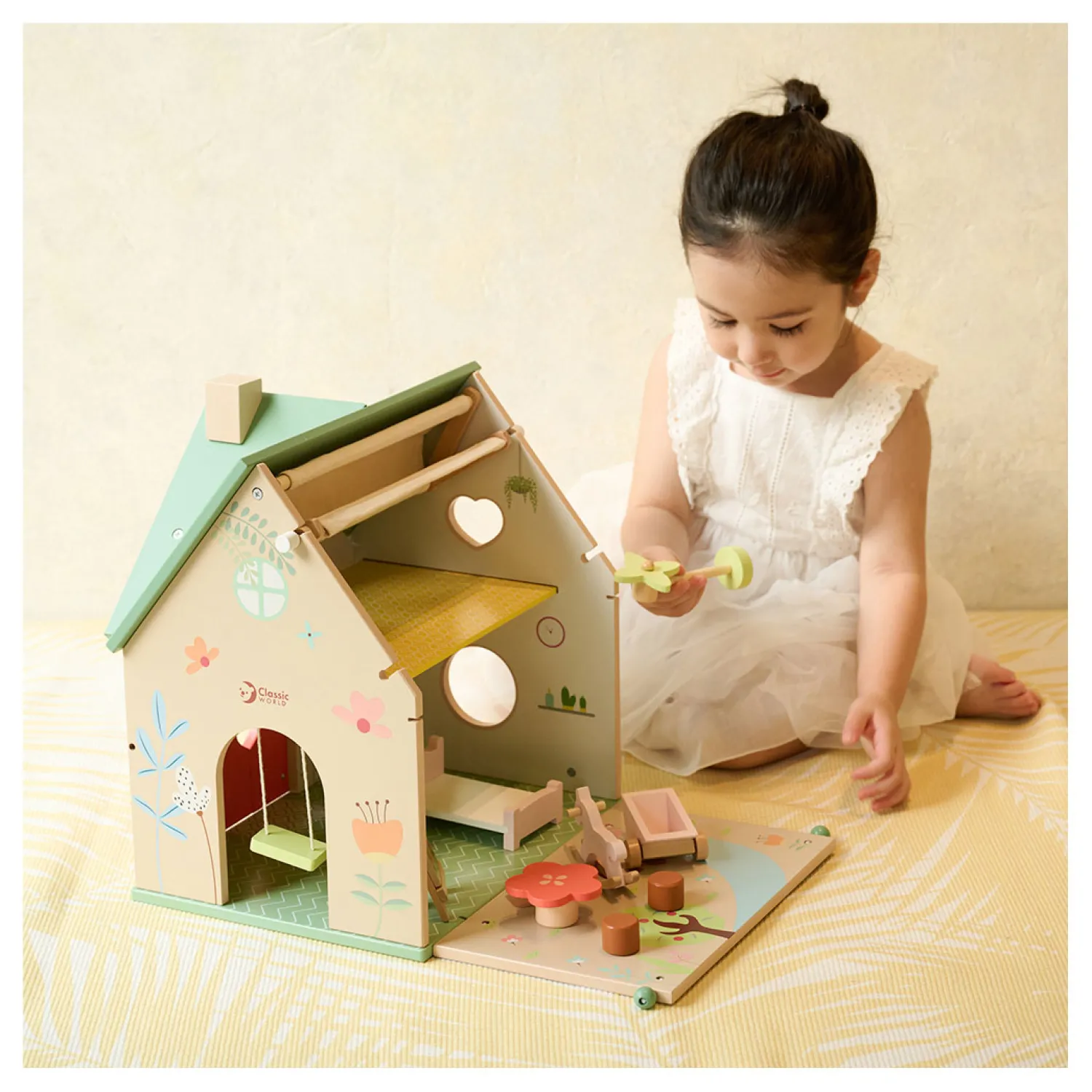 Classic World Houten Poppenhuisje met Tuintje, 10dlg.