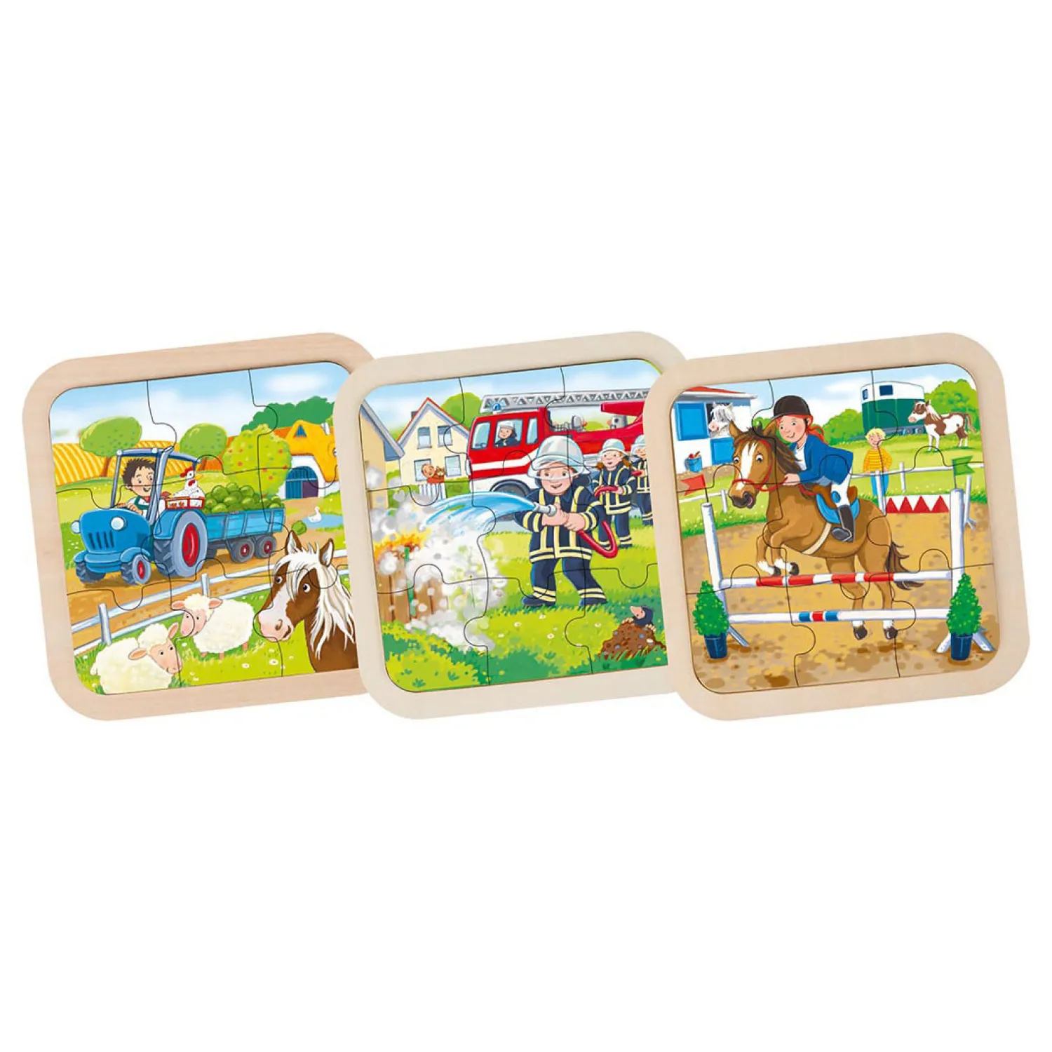 Houten Legpuzzel Boerderij, Brandweer, Paard, 9st.>Goki Sale