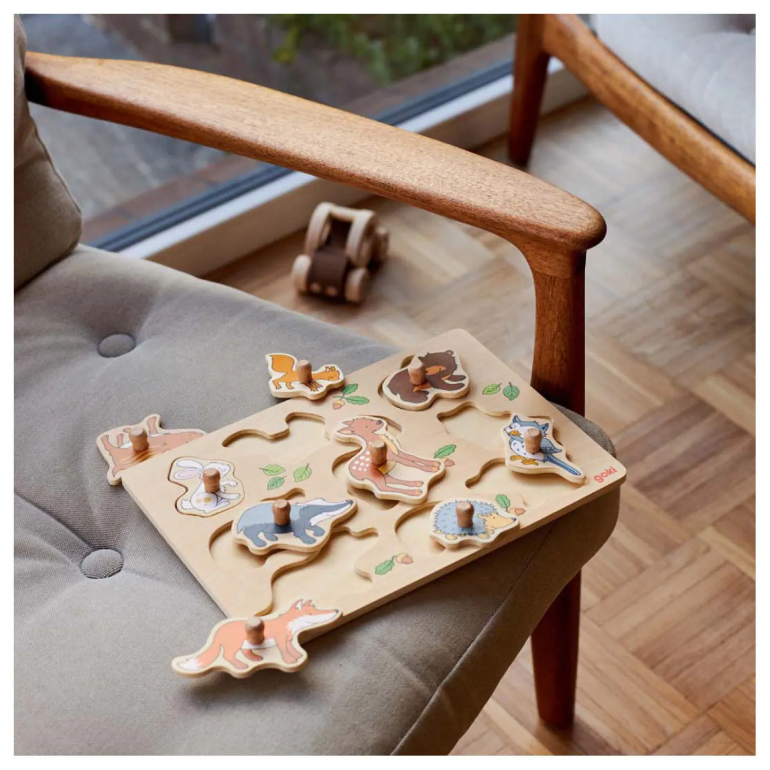 Goki Houten Noppenpuzzel Bosdieren, 9st. Outlet