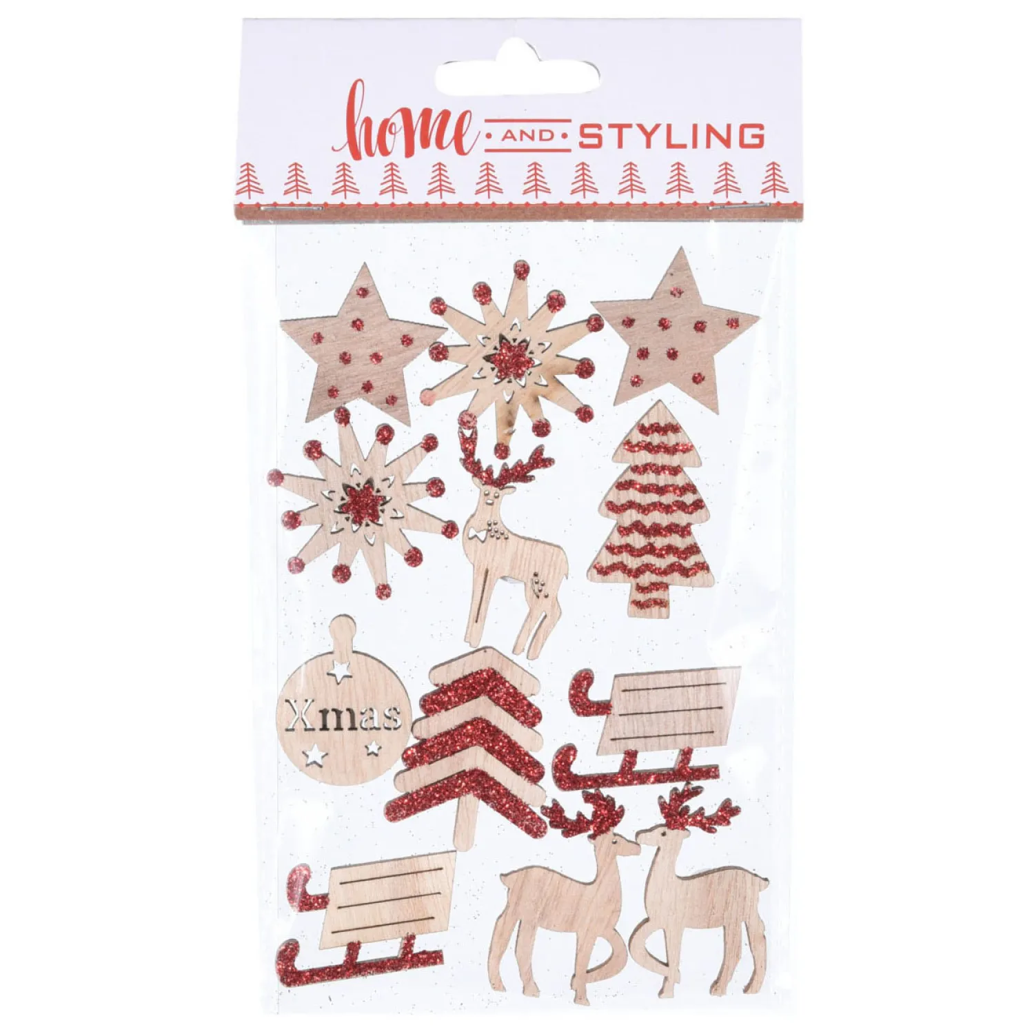 Houten Kerststickers met Glitters, 12st. Best