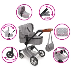 2-in-1 Poppenwagen met Tas - Grijs- Outlet