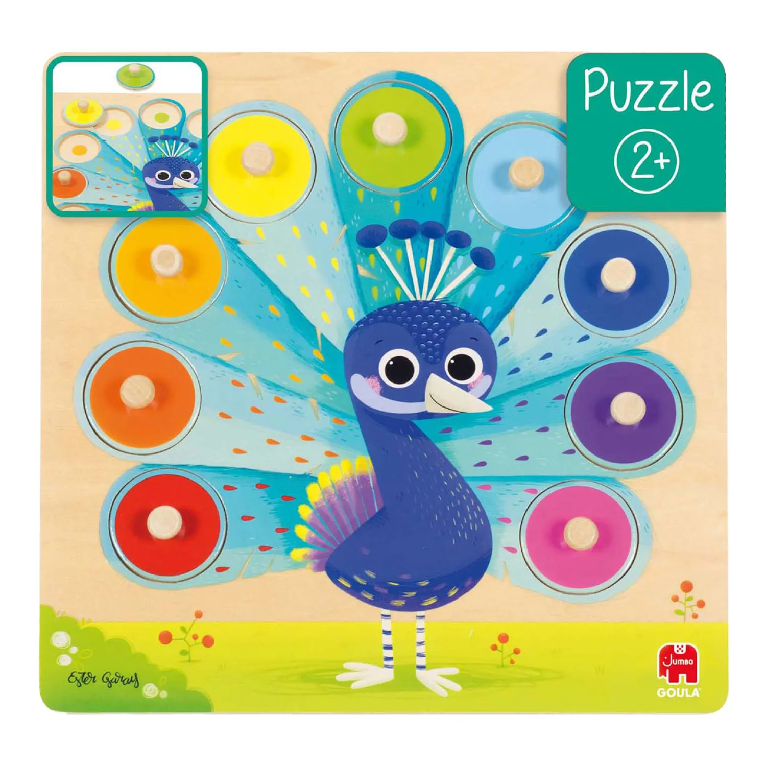 Goula - Houten Noppenpuzzel Pauw, 9st.>Jumbo Clearance