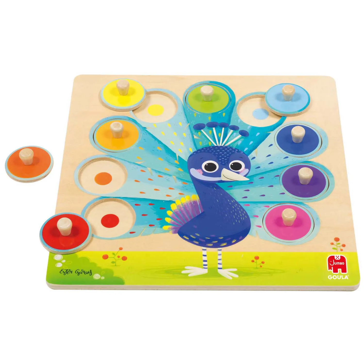 Goula - Houten Noppenpuzzel Pauw, 9st.>Jumbo Clearance