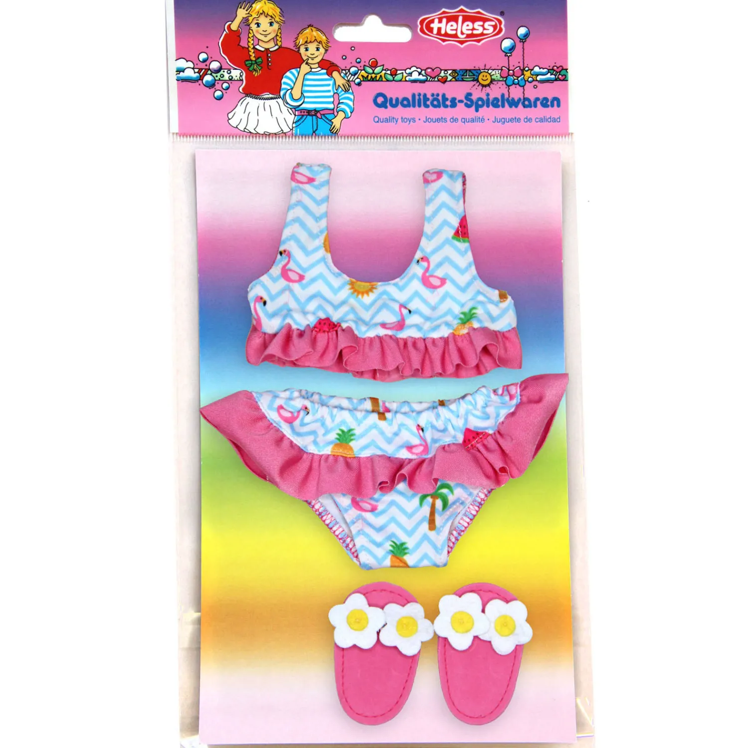 Heless Poppen Bikini met Slippers Flamingo, 28-35 cm