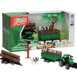 Tractor met Aanhangwagen, Boomstammen en Koe